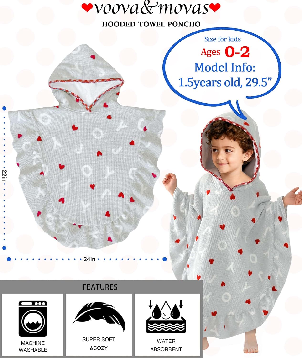 VOOVA & MOVAS Baby Hooded Towel Poncho with Ruffle Trim | Soft 100% Cotton | Absorbent Thick Towel for Bath, Swim, Beach & Winter | Cozy, Gray Joy