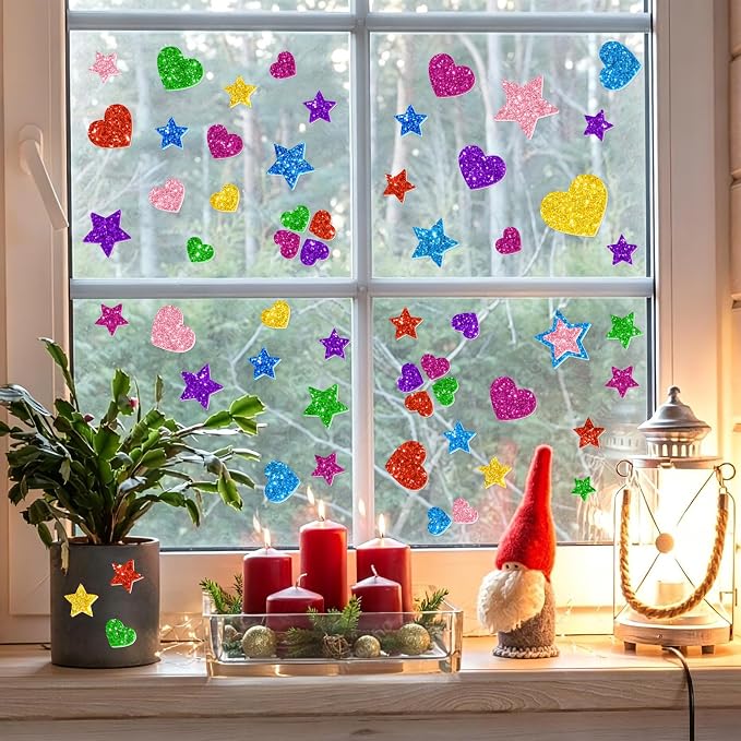 1000PCS Glitter Foam Stickers, Colorful Heart & Star Stickers, Self-Adhesive