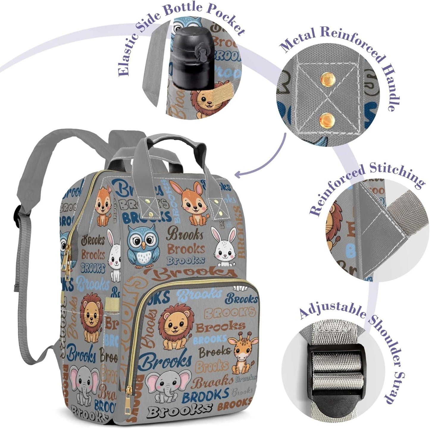 Large Capacity Custom Diaper Bag for Baby Girls with Name, Cute Animals Multifunctional Mom Personalized Diaper Bag Backpack Waterproof Women Customized Daypack Nappy Bag, Gray (Cute Animals)