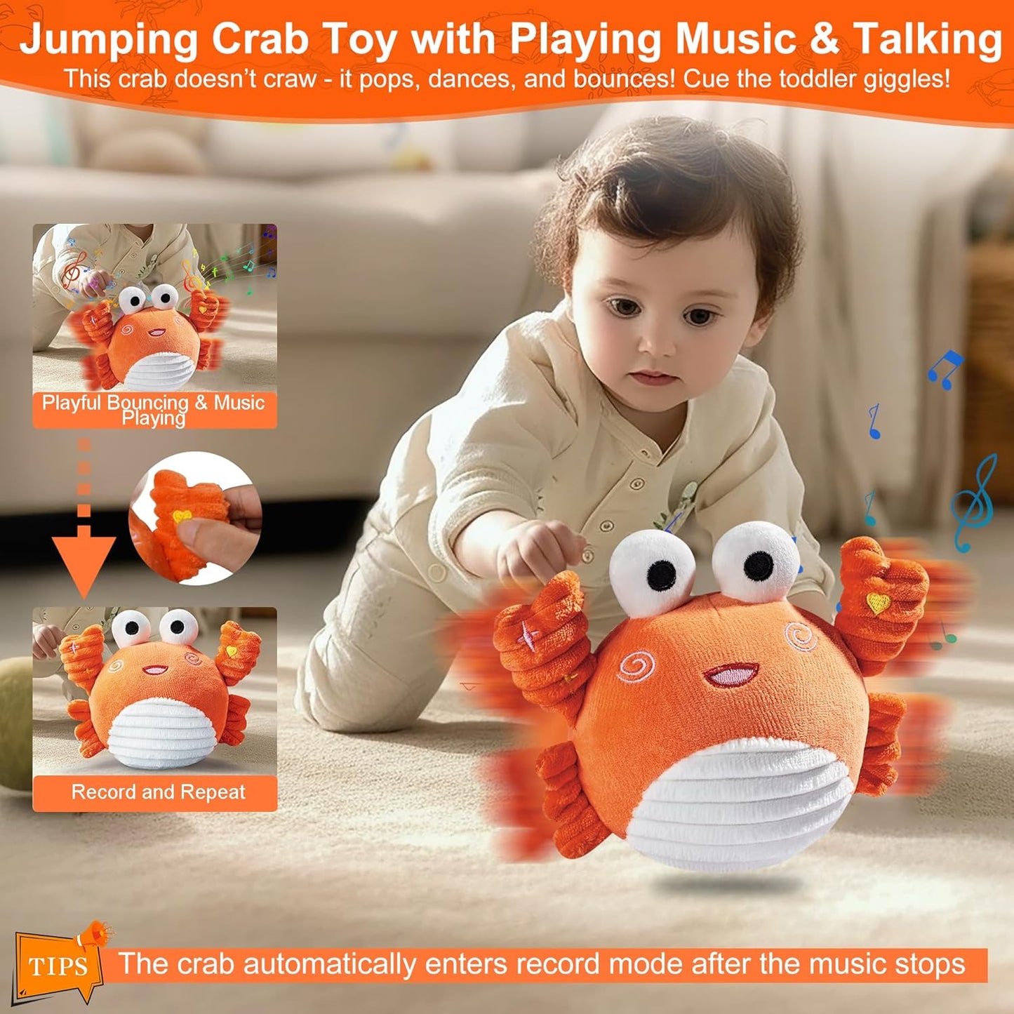Musical Crawling Crab Toy – Ultra-Soft Dancing Baby Toy, Talking, Bouncing, Interactive Infant Sensory & Tummy-Time Motivator for 0–6 Months & 6–12 Months