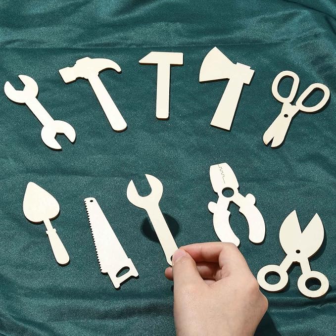 KitBeads 50pcs Random Wood Hammer Cutout Unfinished Scissor Wrench Wooden