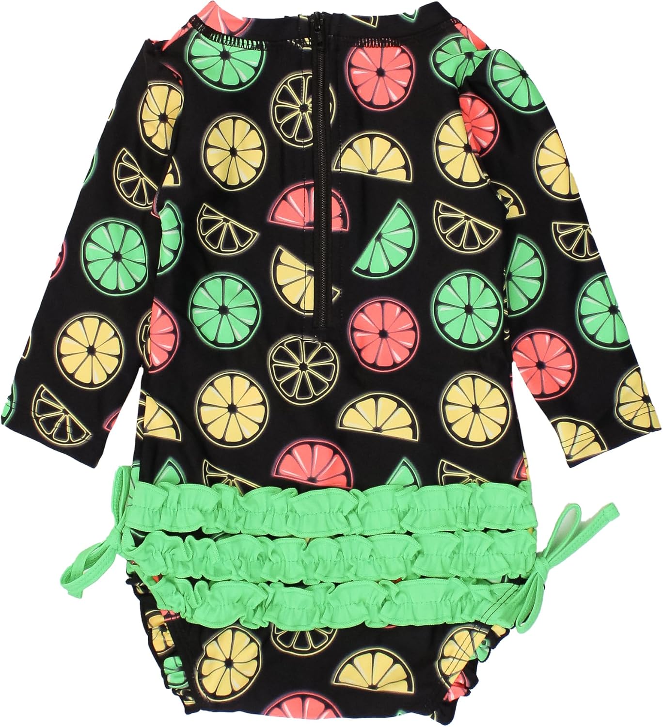 RuffleButts Baby Girls UPF 50+ Sun Protection Novelty Print Long Sleeve One Piece Rash Guard Swimsuit with Zipper