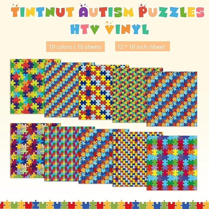 Tintnut Puzzle Heat Transfer Vinyl, 10 Sheets 10"x12" Iron on Vinyl | Rainbow