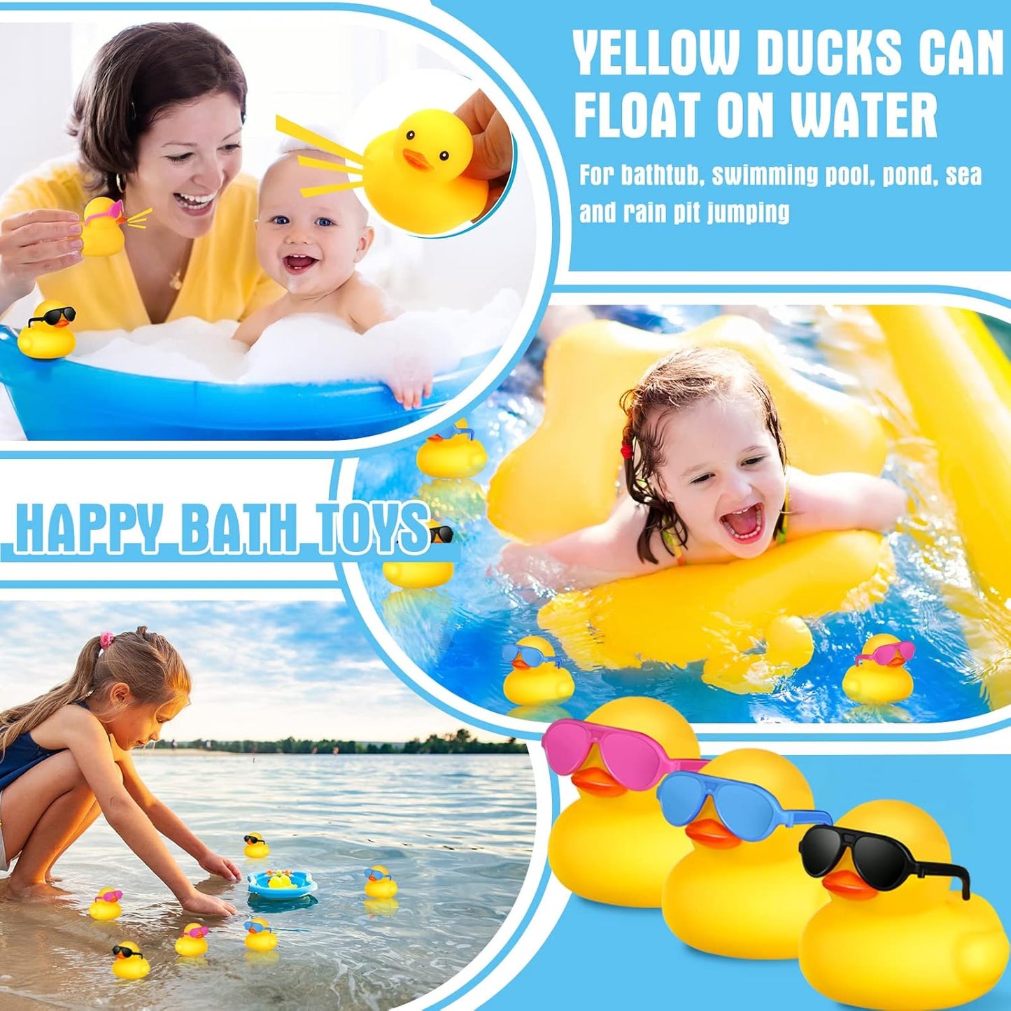 Chivao 48 Pcs Mini Rubber Ducks with Sunglasses in Bulk Small Duck Gift Bathtub Toys for Holiday Cruise Birthday Party Favor(Yellow, Blue, Pink, Black)
