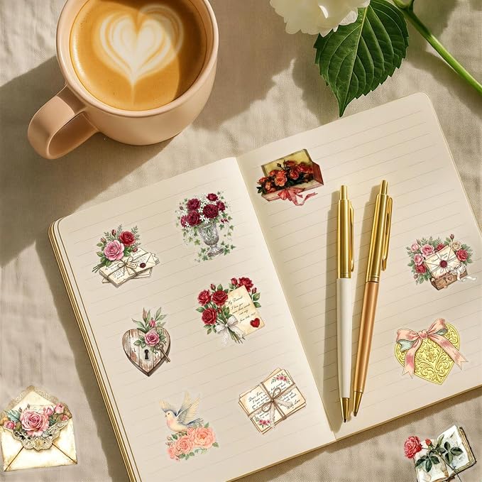 50PCS Vintage Rose Flower Stickers, Retro Love Letter Floral Decals, Waterproof