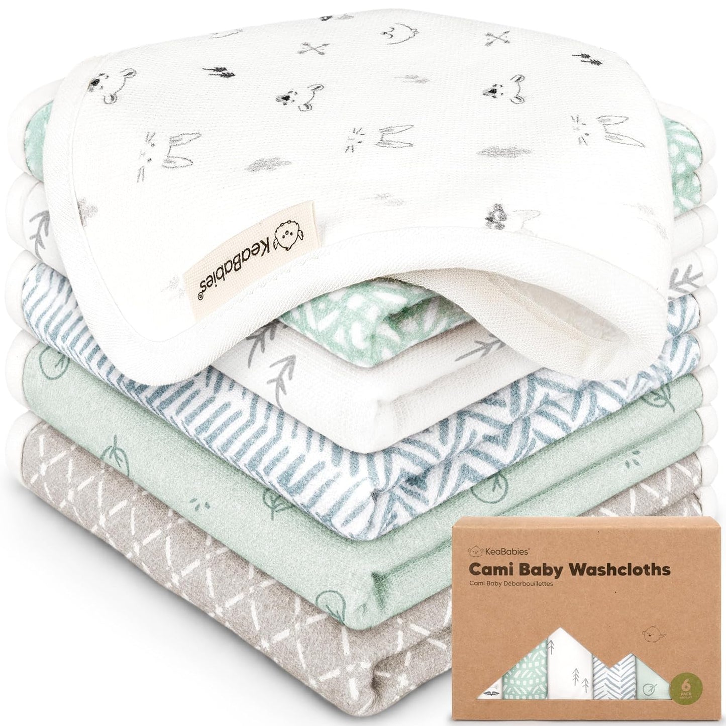 6-Pack Cotton Baby Washcloths for Newborn - Organic Cotton Muslin Soft Wash Cloths for Babies, Infant, Kids, Toddler Towels for Boy, Girl, Super Absorbent Face Cloths, Scratch-Free Baby Rags (Nordic)
