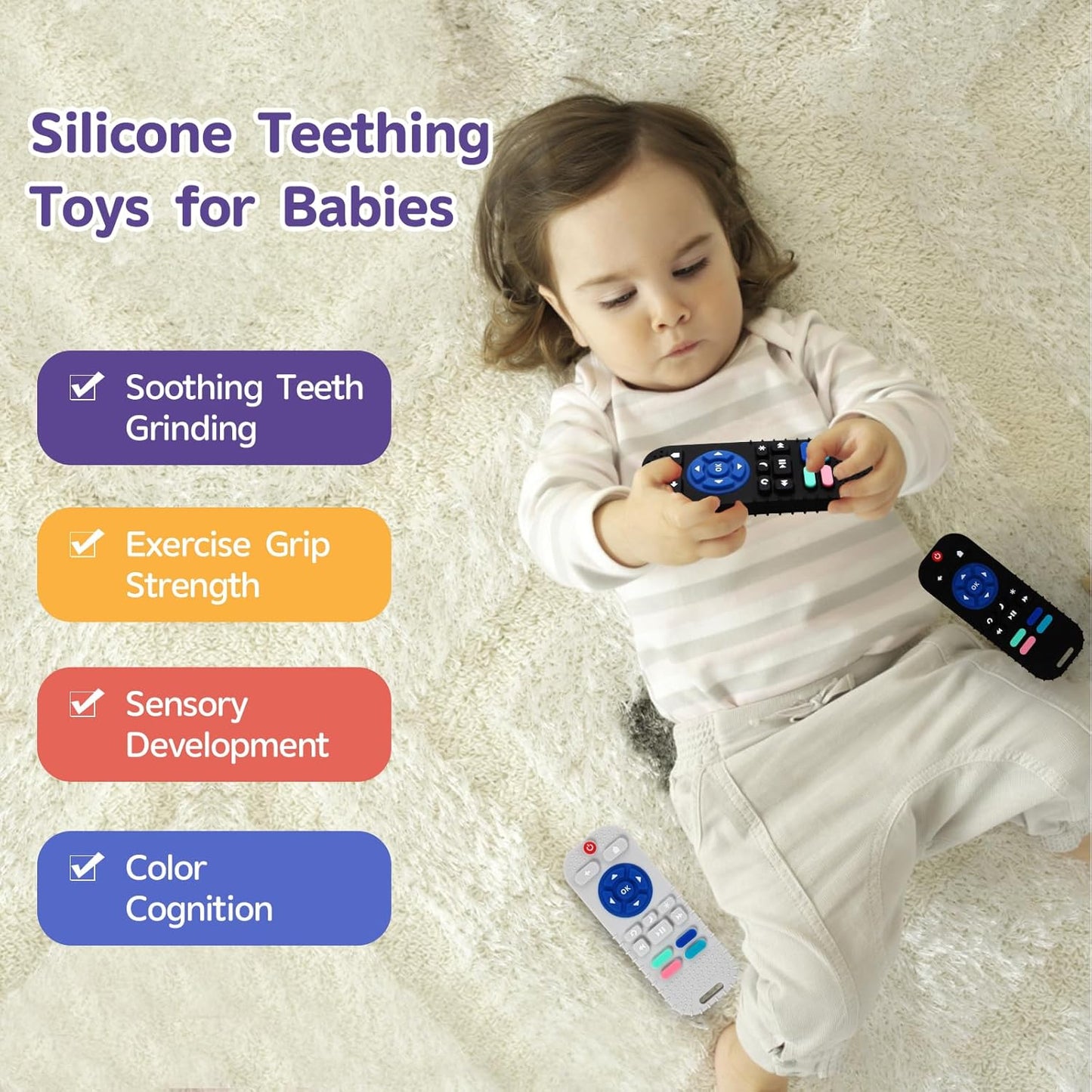 Hooku 2 Pack Silicone Teething Toys for Babies 0-6 Months, Teethers for Babies 6-12 Months, Remote Teether for Baby, Sensory Toys for Babies, Baby Chew Toys