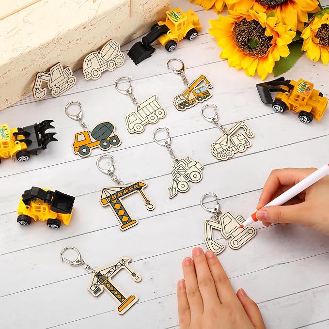 RattanView 24 Pcs Construction Vehicle Craft Color Your Own Keychains Diy Craft