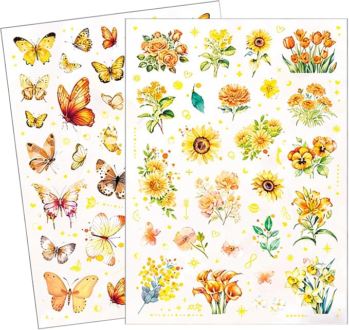 50+Pcs Transparent Golden Floral Butterfly Scrapbook Stickers Pack, Sunflower