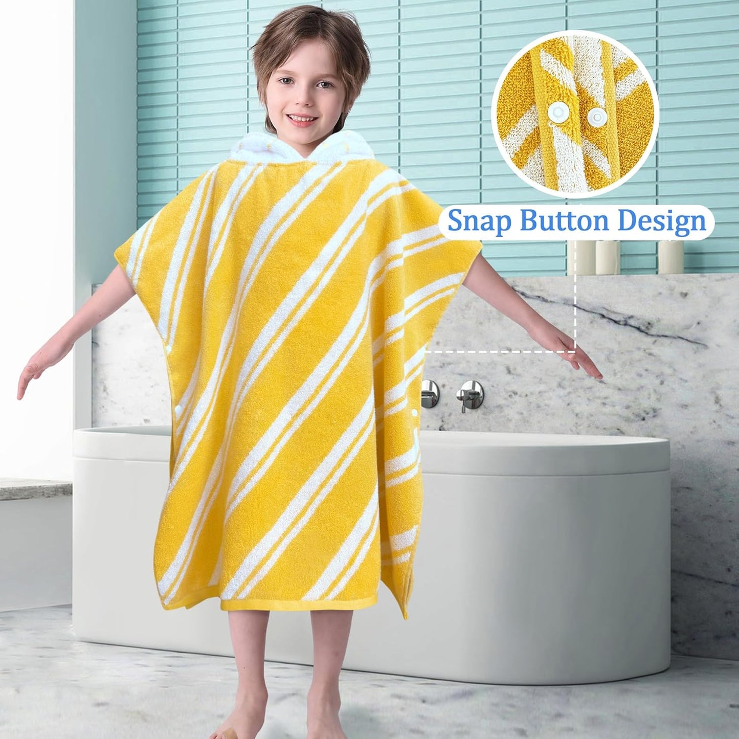 VOOVA & MOVAS Kids Hooded Poncho Towels (4-8Years,27.5"x27.5"),100% Cotton Soft Absorbent Towel for Boys,Perfect for Bathroom | Pool | Beach | Swimming, Jacquard Yellow Stripe
