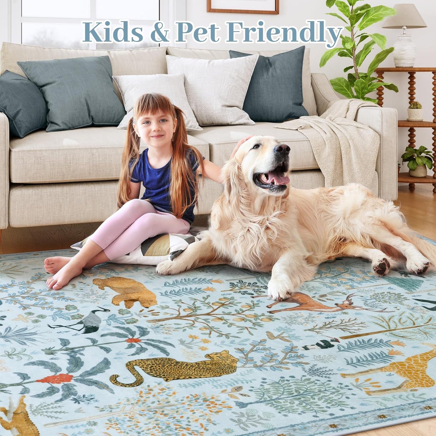 OJIA Animal Print Washable Area Rug 5x7, Soft Nursery Rugs for Living Room Ultra-Thin Non-Shedding Kids Bedroom Rug, Stain Resistant Throw Rug Large Carpet for Dining Room, Light Blue