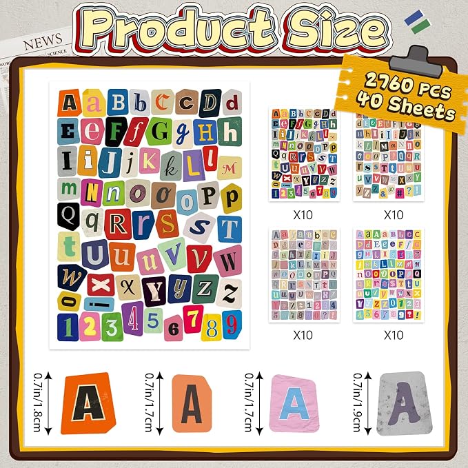 2760 PCS Letter Stickers for Scrapbooking, 40 Sheets Magazine Alphabet Stickers