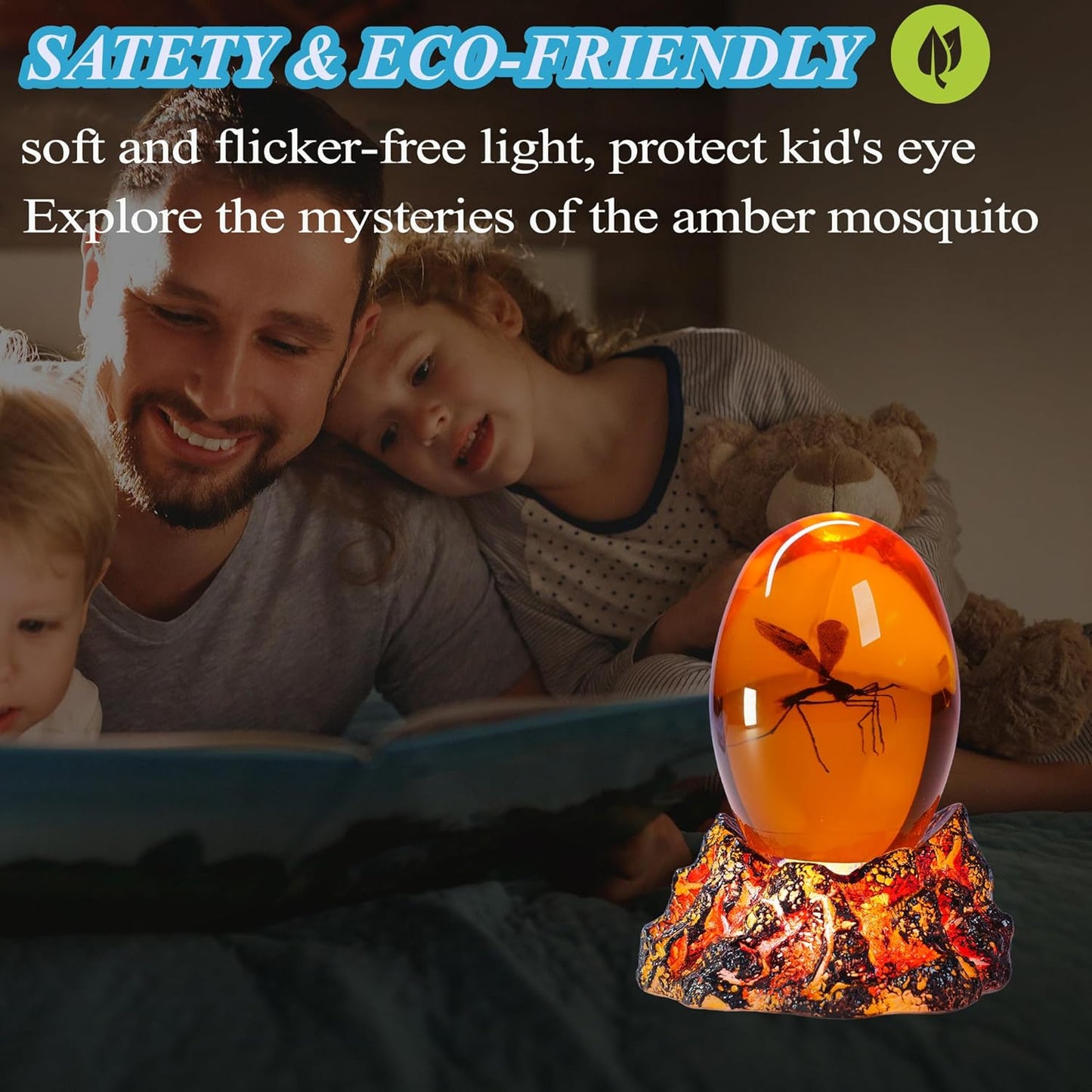 Jurassic 3D Mosquito in Amber Resin, Mosquito Resin with Volcanic Lava Lamp Base with Remote 16 Colors Flshing RGB Dimmmable, True 3D 3.3 Inches Tall Dinosaur DNA Replica Paper Weight Gifts