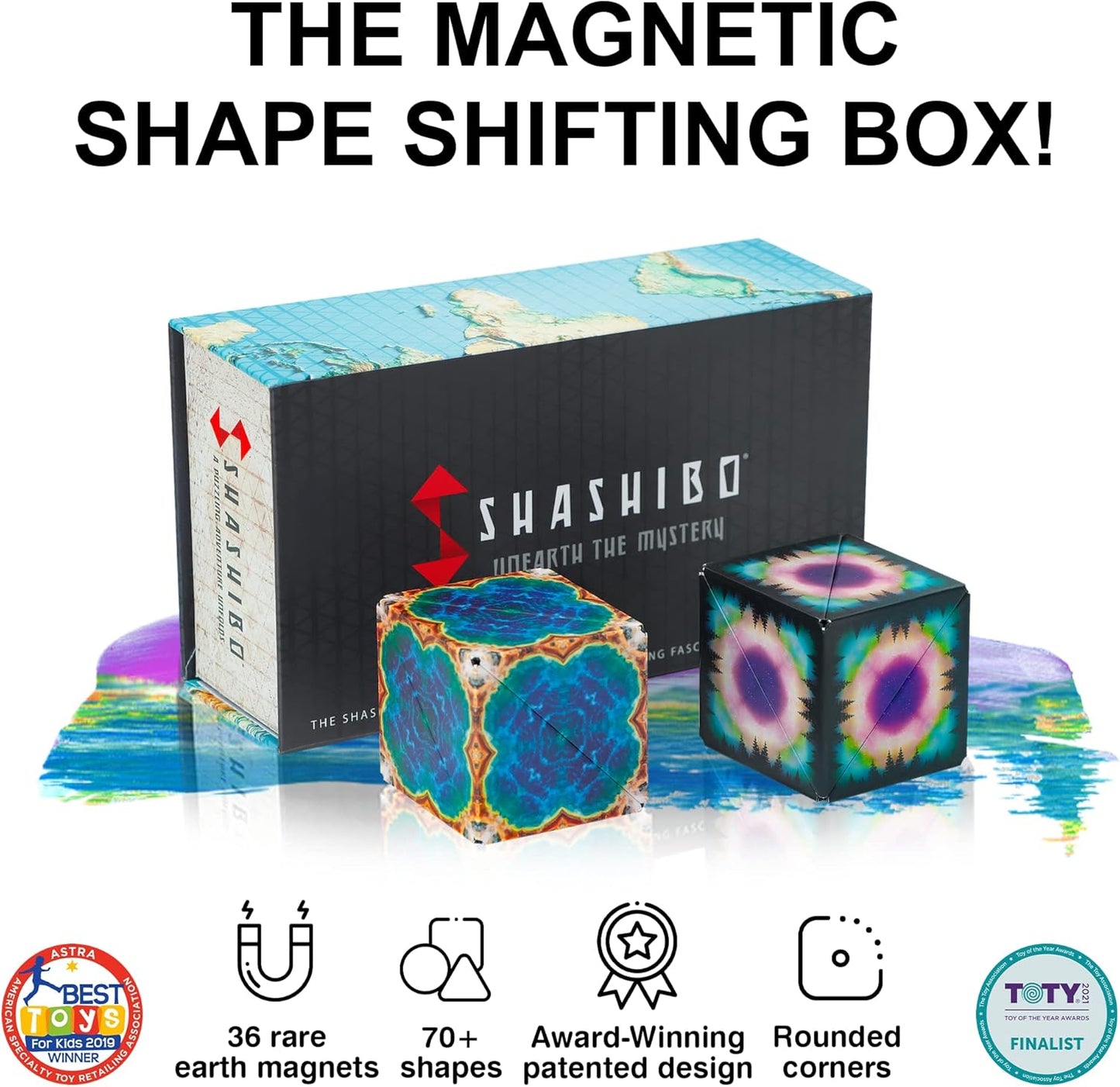 SHASHIBO Shape Shifting Box Bundle- Award-Winning, Patented Fidget Cube w/ 36 Rare Earth Magnets - Transforms Into Over 70 Shapes - Explore The Earth Moon Connection (Earth - Moon 2 Pack)