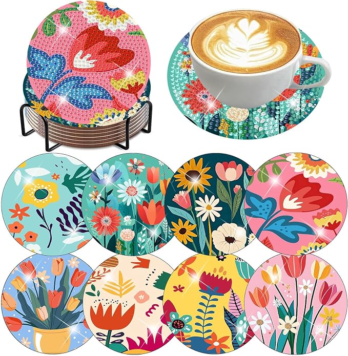 Benjenes 8PCS Flowers Diamond Art Coasters Kit