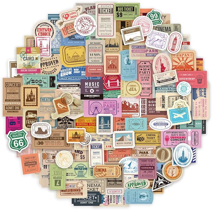 Prstincol 300 Pcs Vintage Travel Stickers Ticket Stickers