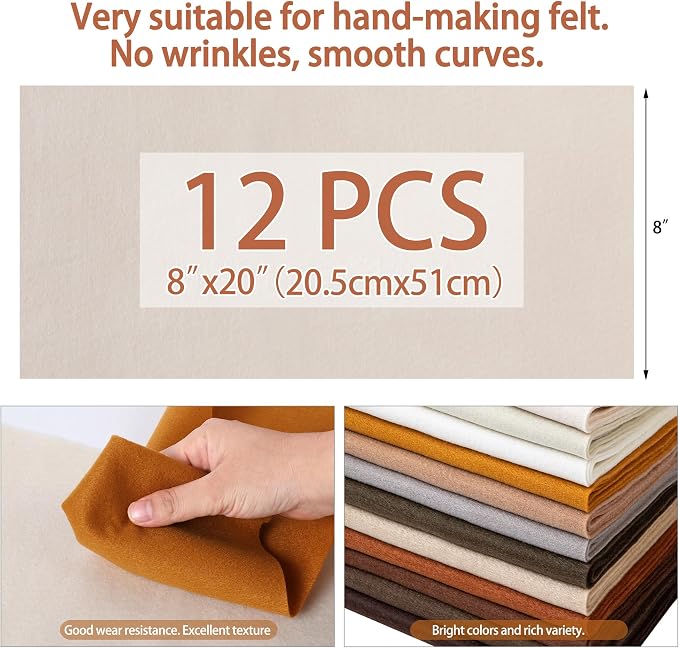 HaoFeiJH 12 Rolls 8"x20" 1.6mm Thick Soft Felt Fabric Sheets – 12 Assorted