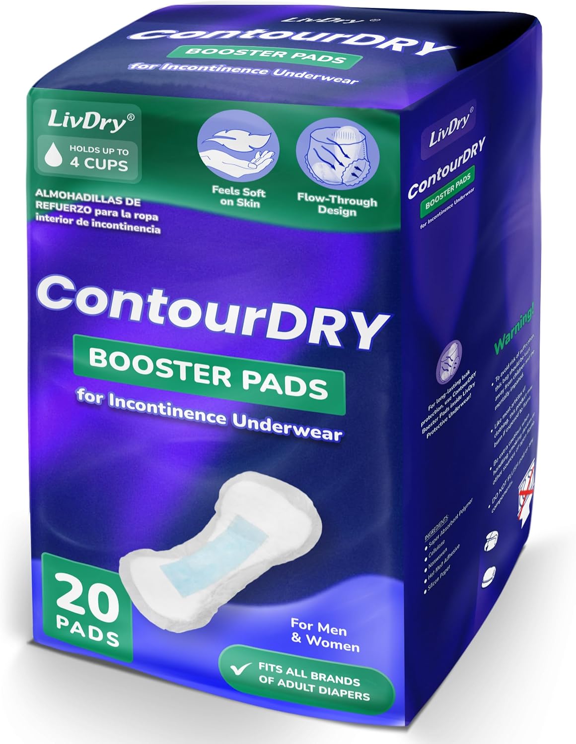 ContourDry Booster Pads XL by LivDry, Adds Max Absorbency to Adult Diapers with Flow-Through Design, Up to 4 Cups Capacity, More Coverage for Women and Men, 20 Count
