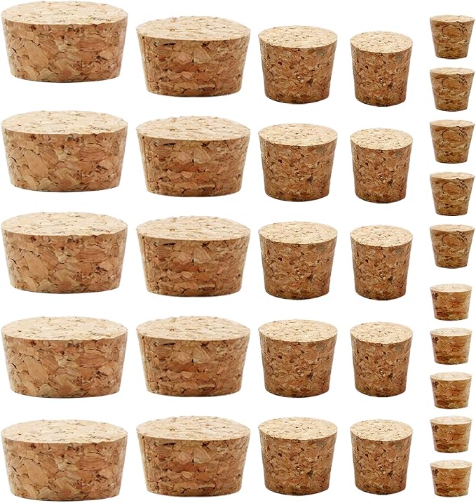 Uenhoy 30 Pcs Soft Wood Corks 6 Size, Wooden Tapered Cork Plugs Wine Bottle
