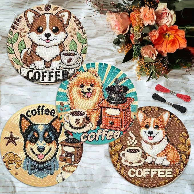 Clendo 8 PCS Coffee Dog Diamond Art Coaster Kits
