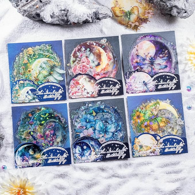 Yoksas 60Pcs Holographic Fantasy Butterfly Dragonfly Moon Stickers