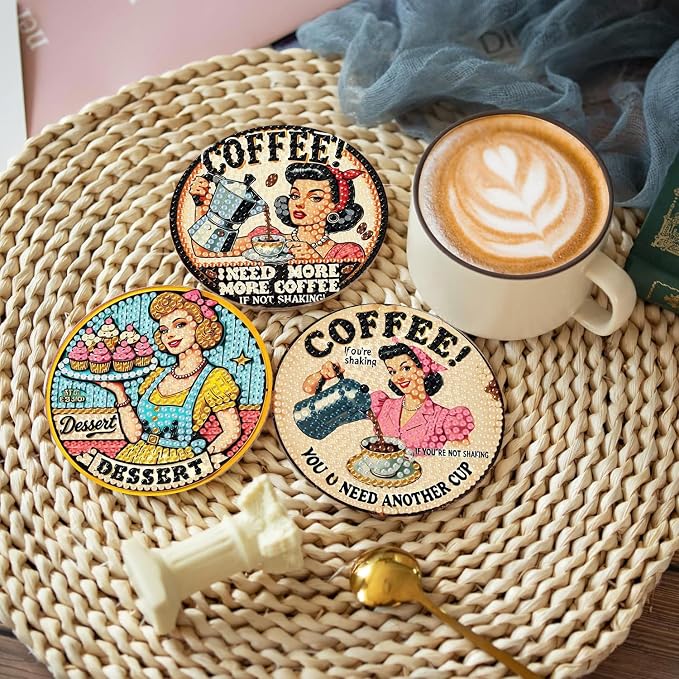 8Pcs Retro Housewife Diamond Art Coasters Kit, Vintage Coffee Diamond Painting