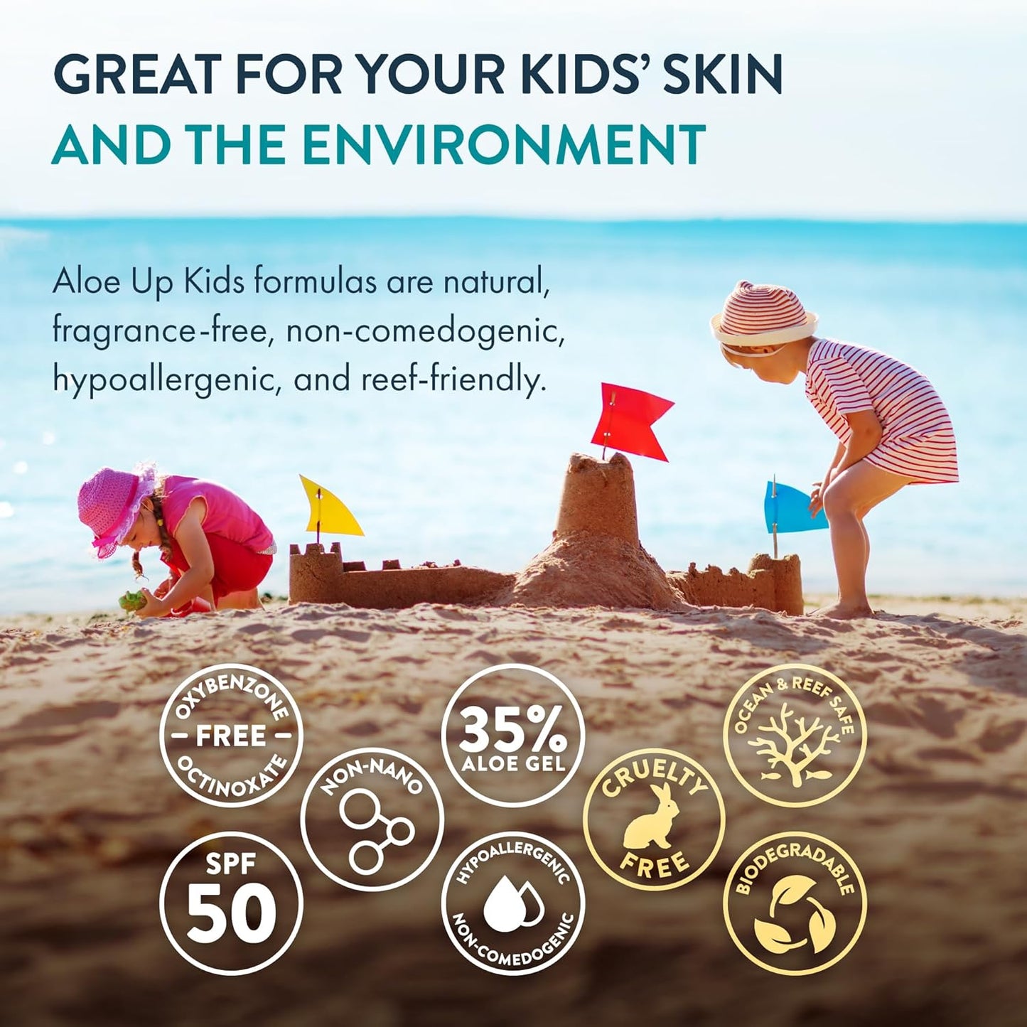 Aloe Up Kids Broad Spectrum Mineral Sunscreen Lotion SPF 50 - Face and Body Sunblock for Sensitive Skin - With Gen2 Zinc Oxide and Aloe Vera - Dries Clear - Reef Safe - Fragrance-Free - 3 Oz