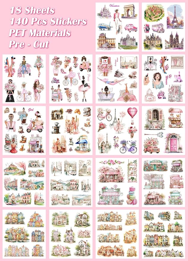 JOYCHOIC Paris Journaling Sticker Set, 18 Sheets PET Junk Journal Stickers