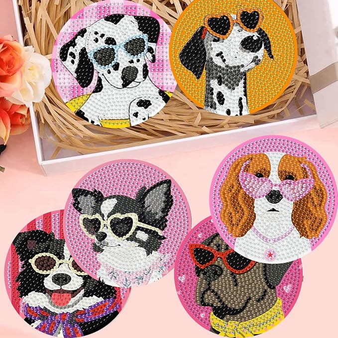 8 Pack Diamond Art Coasters, Funny Dog Diamond Painting Coasters Kits | Dog