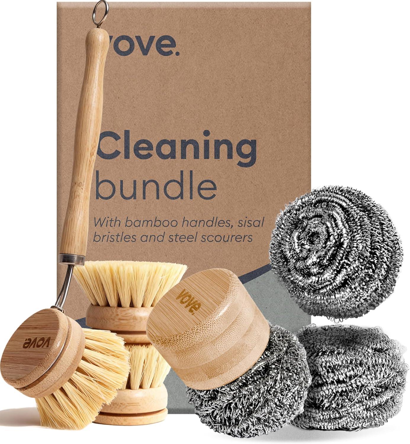 Vove Magnetic Scourer & Bamboo Dish Brush Set, Stainless Steel Scrubber with FSC-Certified Bamboo Handle and 3 Pads, Sisal Fiber Brush, for Cast Iron, Pots & Pans, Eco-Friendly Kitchen Cleaning Bundle