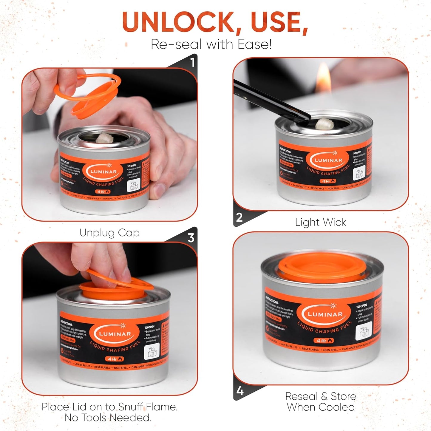 Luminar Resealable-Wick Chafing Fuel Cans, 24 Pack, 4 Hour - Premium Quality Burners for Food Warmers - No More Spills, Waste, or Hassle - Perfect for Convenient, and Long-Lasting Event Catering