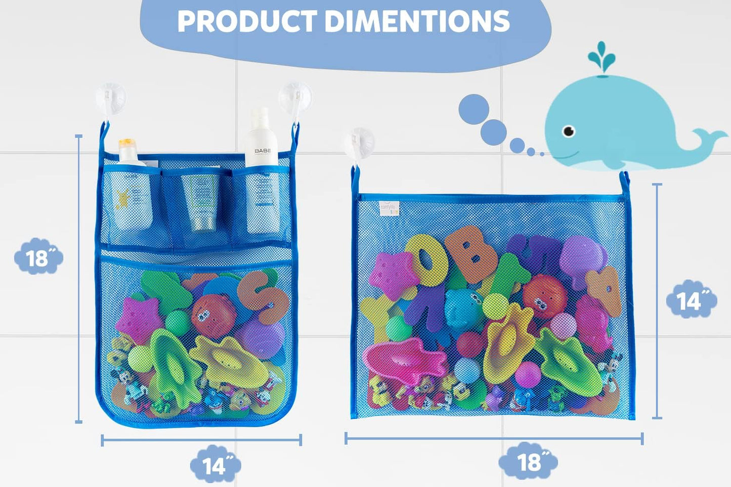 2 x Mesh Bath Toy Organizer + 6 Ultra Strong Hooks – The Perfect Bathtub Toy Holder & Bathroom or Shower Caddy – These Multi-use Net Bags Make Baby Bath Toy Storage Easy – For Kids & Toddlers