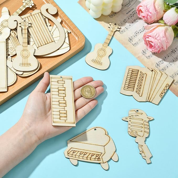 30 pcs Mixed Styles Musical Instrument Theme Unfinished Wooden Cutout Charms