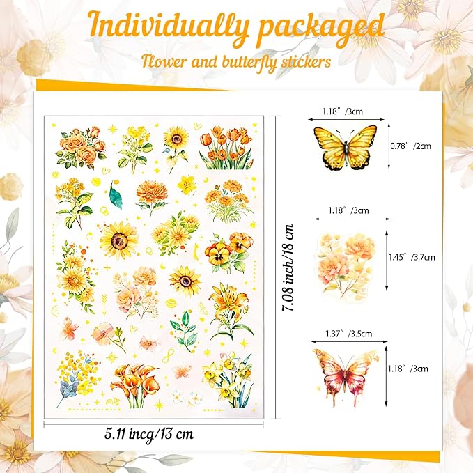 50+Pcs Transparent Golden Floral Butterfly Scrapbook Stickers Pack, Sunflower