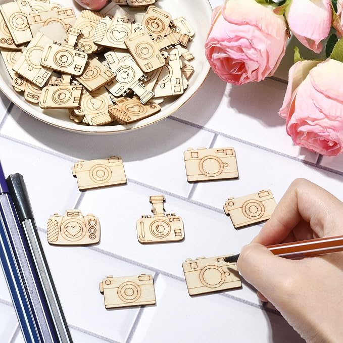 200 pcs Mixed Styles Camera Theme Unfinished Wooden Cutout Charms Travel