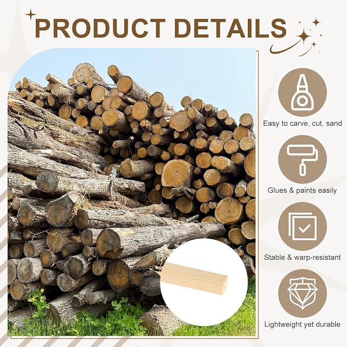 MECCANIXITY 6Pcs Basswood Sticks, 3/16" x 3/16" x 10" Square Wooden Dowel Rods
