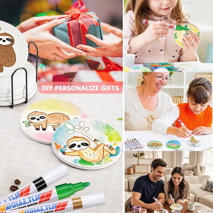 6 Absorbent Ceramic Tiles with Cork Base, Paint Your Own Sloth Coaster | Arts
