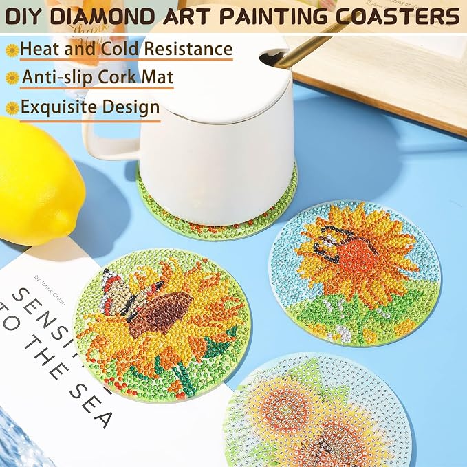 UPINS 8Pcs Sunflower Diamond Art Painting Coasters