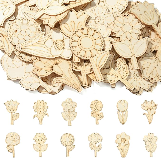 48 Pcs Unfinished Wood Flower Cutouts