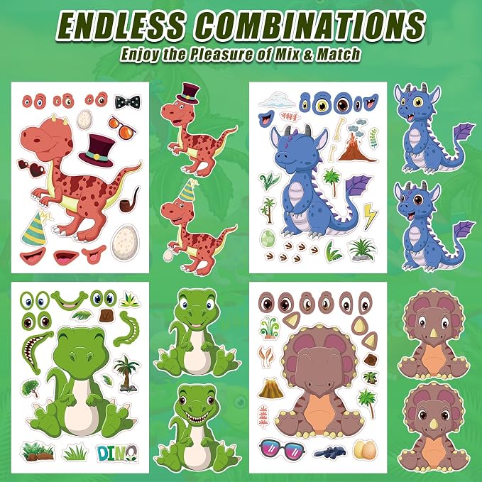 42 Sheets Create Funny Dinosaur Stickers, Make a Face Stickers