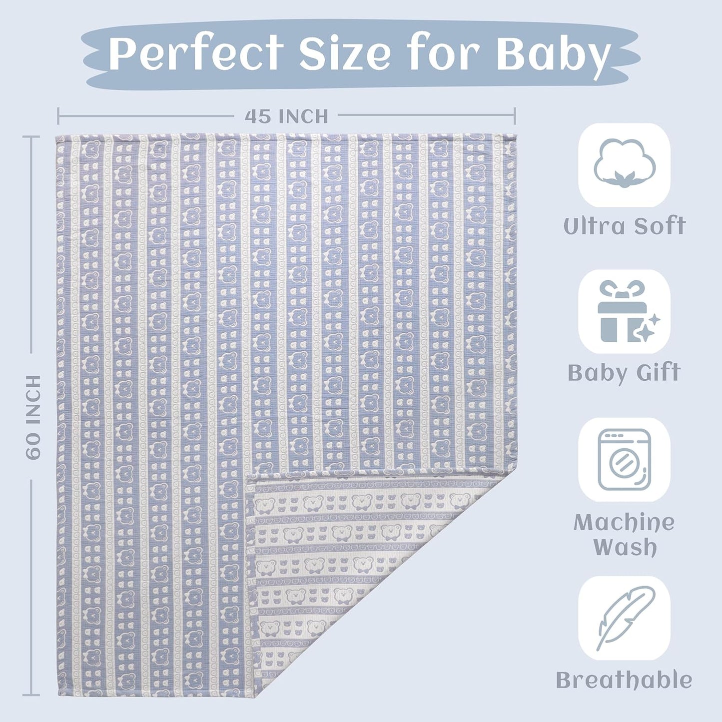 NTBAY 3 Layer Oversized Muslin Cotton Toddler Blanket, Jacquard Reversible Nursery Bed Blanket, Super Soft and Thermal for All Seasons, Baby Gift, 45"x60", Blue Bear