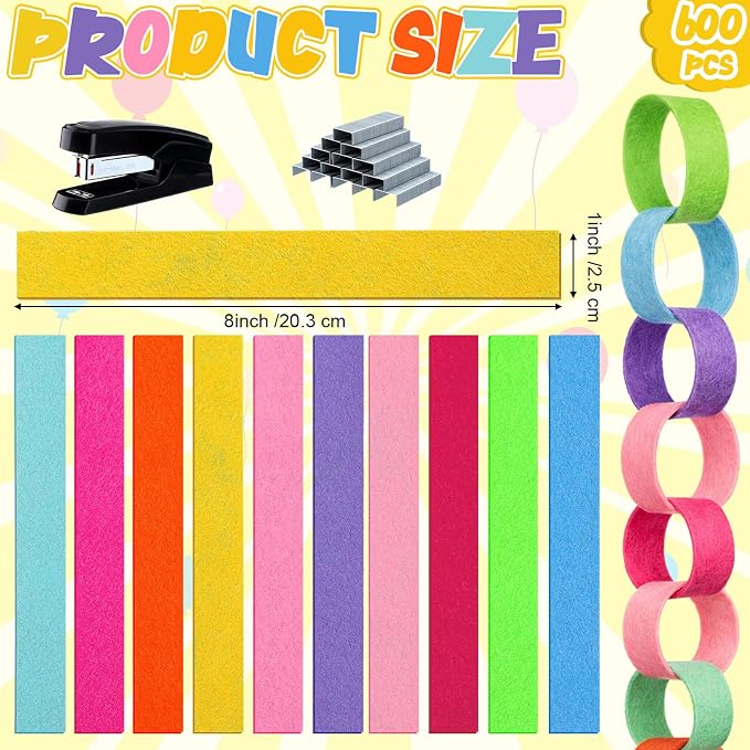 Roowest 600 Sheets Felt Chain Strips Bright Color Chain Garland 1x8 Inch