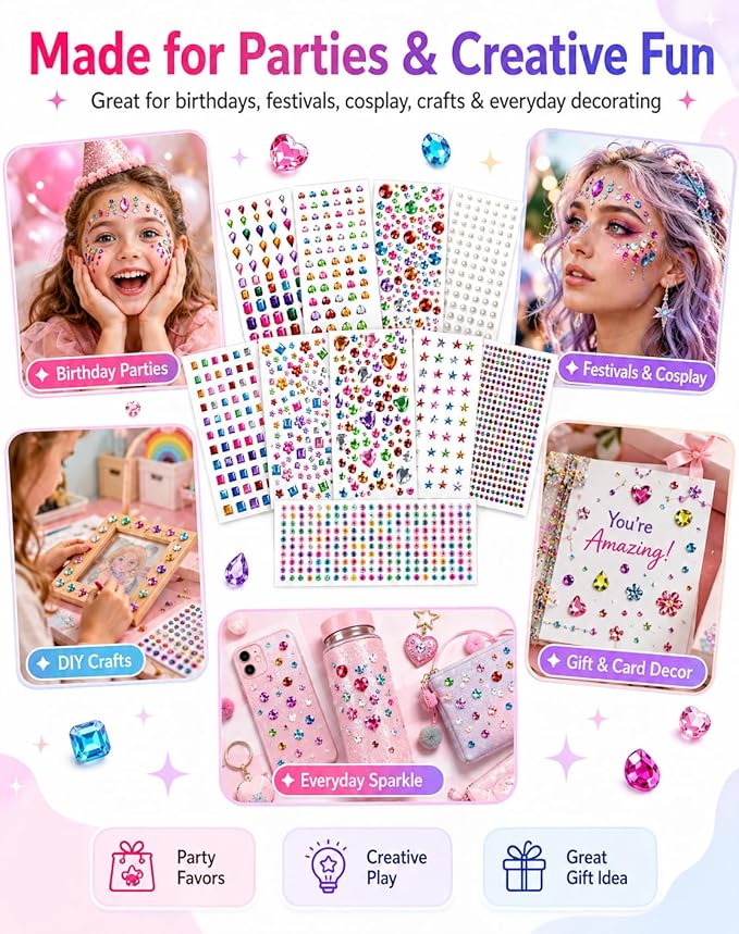 3062Pcs Gem Stickers-Self-Adhesive Face Jewelry Stickers, Acrylic Gems DIY