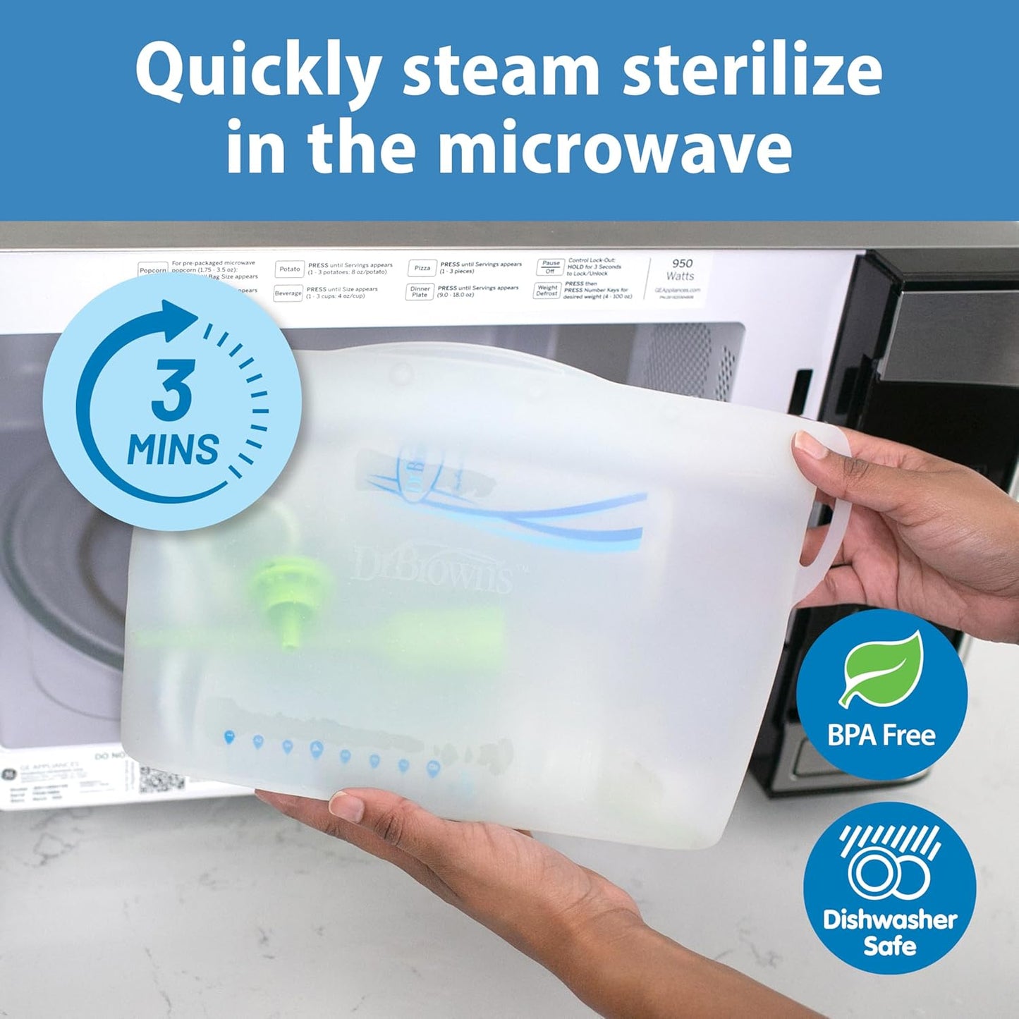 Dr. Brown's Reusable Silicone & Disposable Plastic Microwave Steam Sterilizer Bags for Baby Bottles, Breast Pump Parts & Pacifiers - 5-Pack