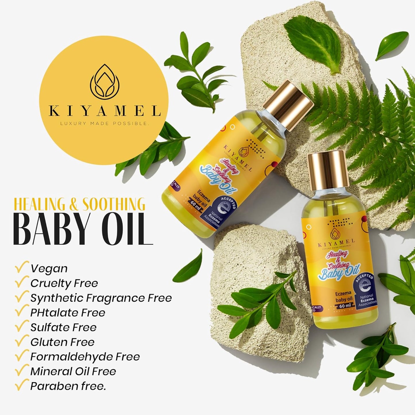 KIYAMEL Healing and Soothing Baby Oil, Fast Absorbing Moisturizer for Sensitive Skin, with Jojoba, Argan & Black Currant Oil, Natural Orange Scent and Vitamin E Enriched