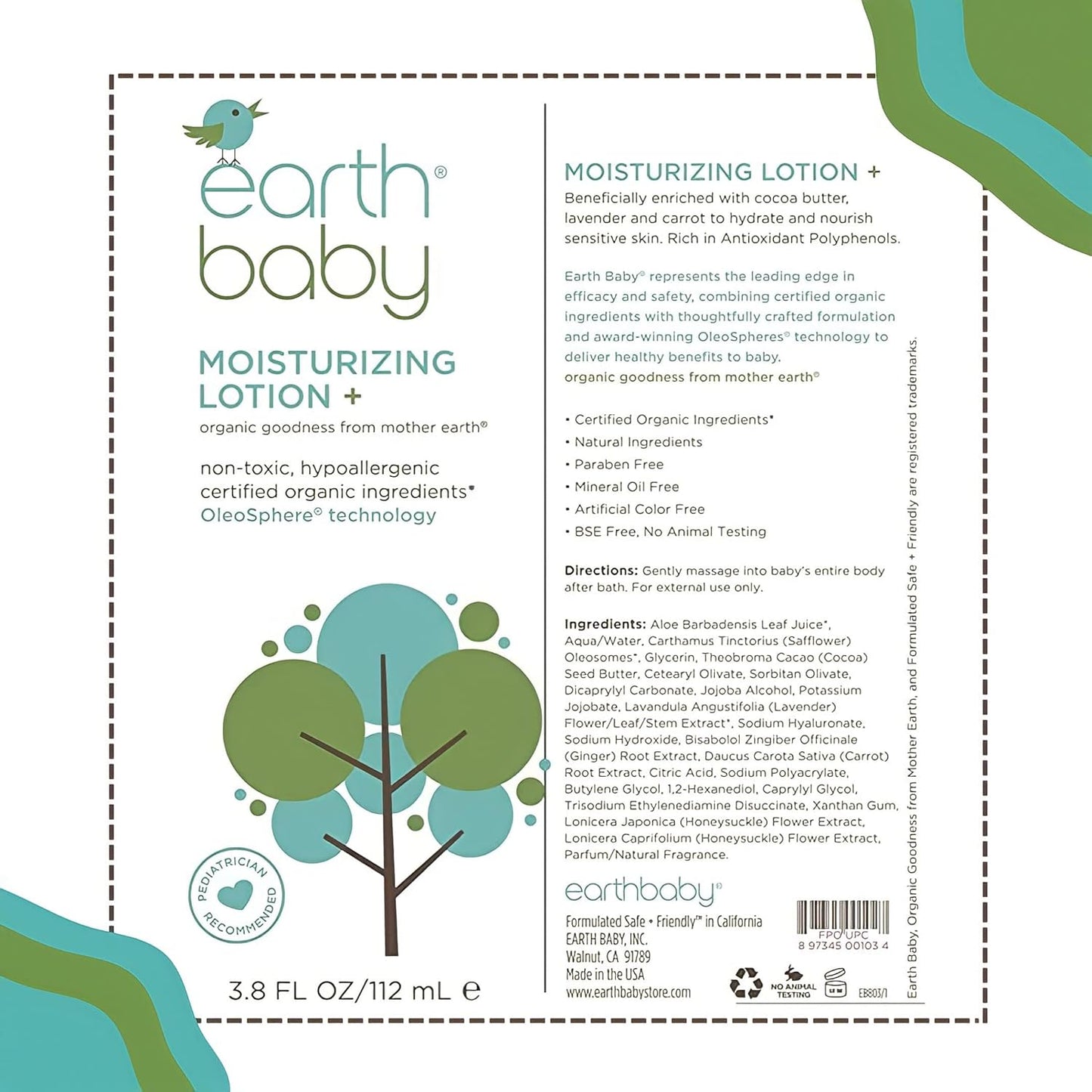 Earth Baby Moisturizing Lotion +, 3.8 Fl Oz, Hypoallergenic for Sensitive Skin, Natural and Organic, Pediatrician and Dermatologist Tested, Safe for Babies, Toddlers, and Kids