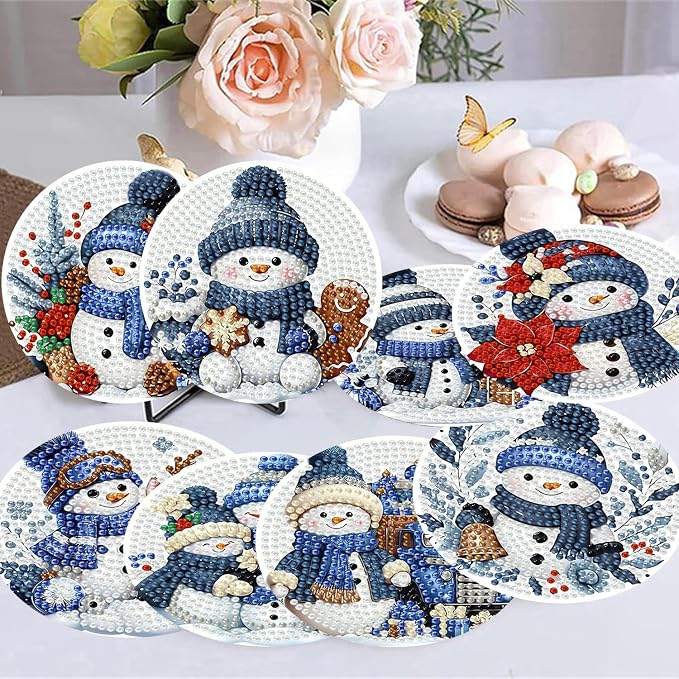 8 Pack Diamond Art Coasters, Christmas Snowman Diamond Painting Coasters |