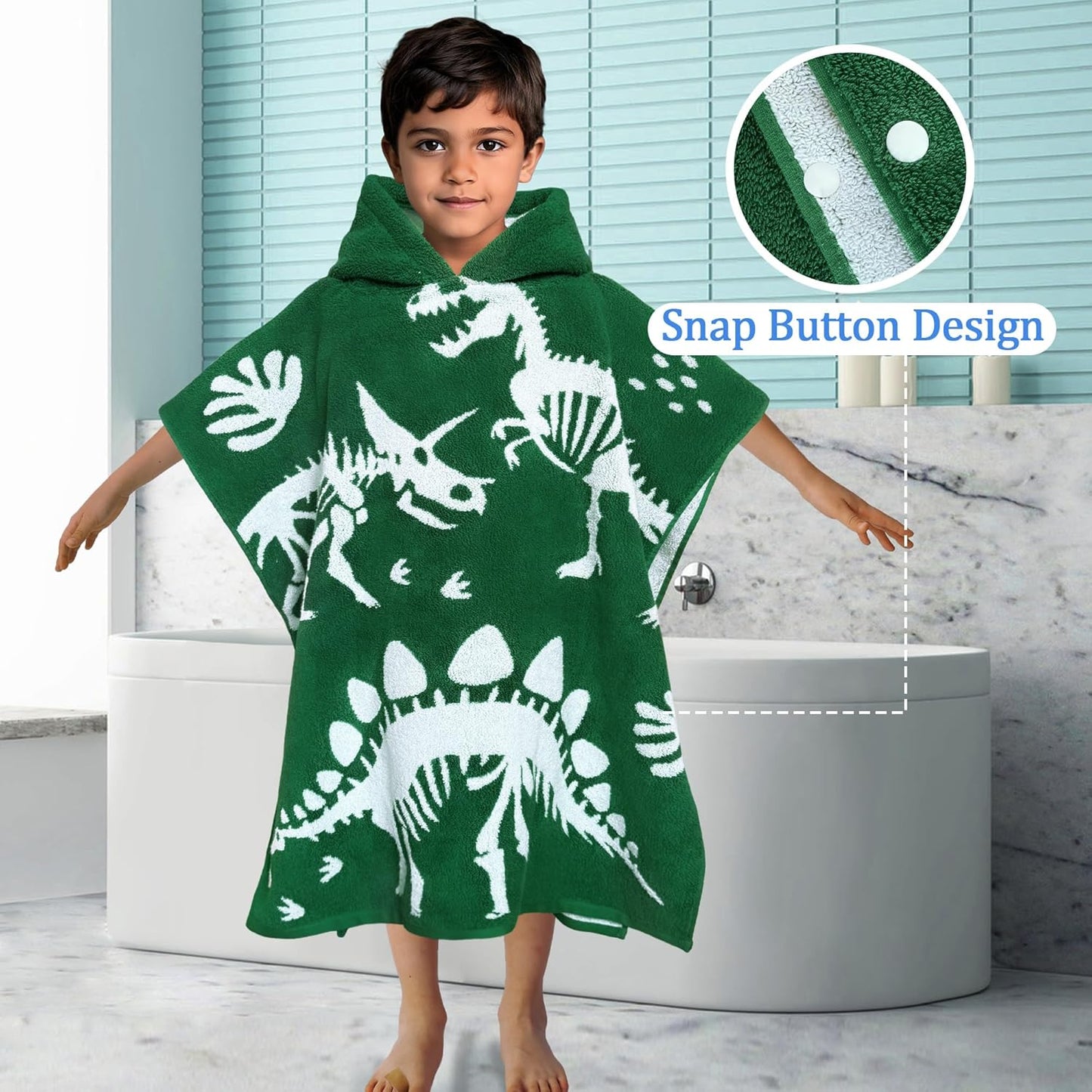 VOOVA & MOVAS Dinosaur Hooded Poncho Towels for Kids (4-8Years,28"x28"),Soft Cotton Thick Absorbent Towel Robe for Toddler Boys,Perfect for Bathroom | Pool | Swimming, Jacquard Green Dino