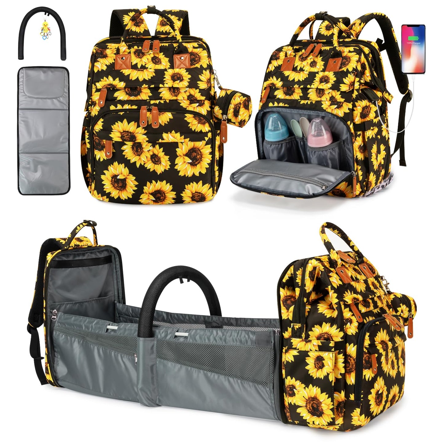 KABAQOO Diaper Bag Backpack with Detachable Changing Station, Large Capacity Baby Diaper Bags for Boys & Girls, Baby Registry Search Stuff & Shower Gifts, Newborn Essentials Must Haves, Sunflower