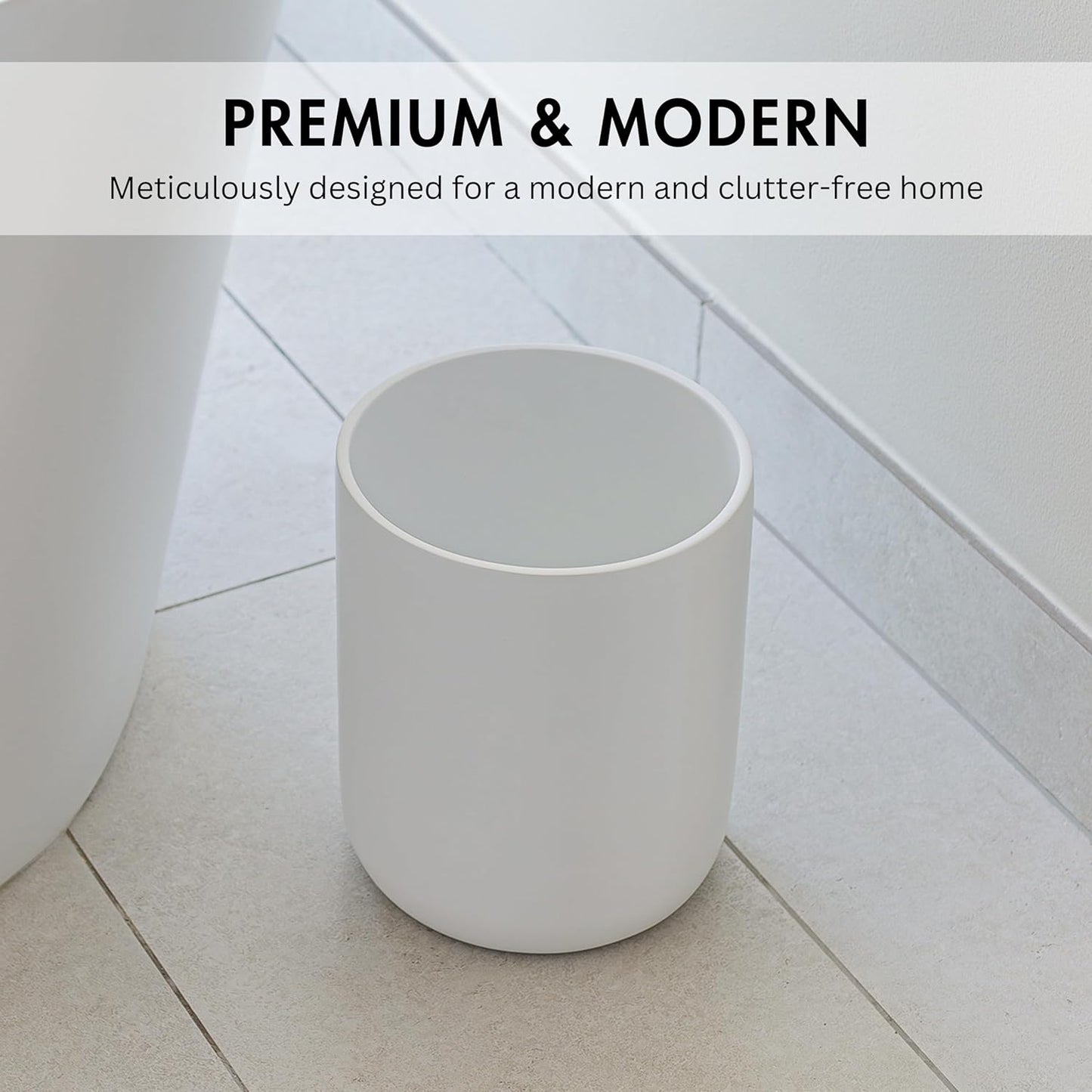 Matte White Round Compact Trash Can Mini, 2 Gallons / 7.5L Garbage Bin, Tiny Wastebasket for Bathrooms, Office, Under Desk, Bedroom, Laundry Room, Kitchen, Kids Room, and Dorm